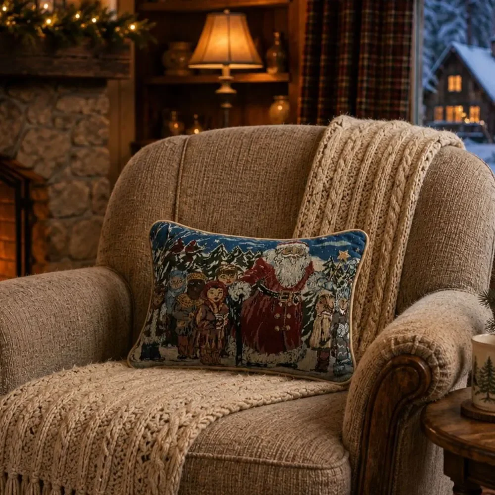 Christmas Stitch Needlepoint Throw Pillow Santa Claus Carolers Holiday 14x10